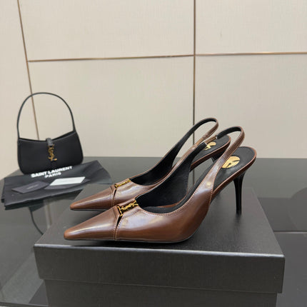 YSL 25S SLINGBACK HIGH HEELS 90 MM IN CHESTNUT BROWN LAMBSKIN WITH GOLD HARDWARE STYLE 12