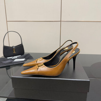 YSL 25S SLINGBACK HIGH HEELS 90 MM IN COPPER BROWN LAMBSKIN WITH GOLD HARDWARE STYLE 11