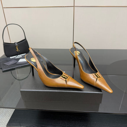 YSL 25S SLINGBACK HIGH HEELS 90 MM IN COPPER BROWN LAMBSKIN WITH GOLD HARDWARE STYLE 11