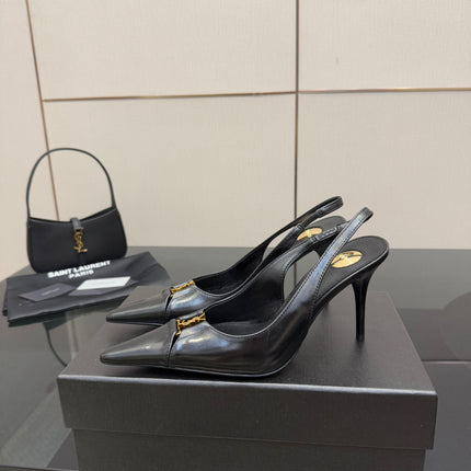 YSL 25S SLINGBACK HIGH HEELS 90 MM IN BLACK LAMBSKIN WITH GOLD HARDWARE STYLE 10