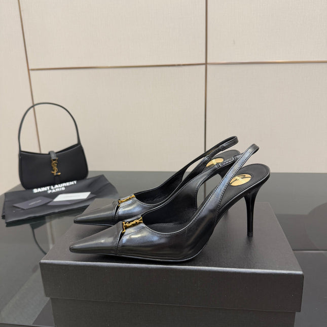 YSL 25S SLINGBACK HIGH HEELS 90 MM IN BLACK LAMBSKIN WITH GOLD HARDWARE STYLE 10