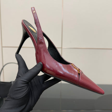 YSL 25S SLINGBACK HIGH HEELS 90 MM IN DARK RED LAMBSKIN WITH GOLD HARDWARE STYLE 9