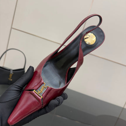 YSL 25S SLINGBACK HIGH HEELS 90 MM IN DARK RED LAMBSKIN WITH GOLD HARDWARE STYLE 9