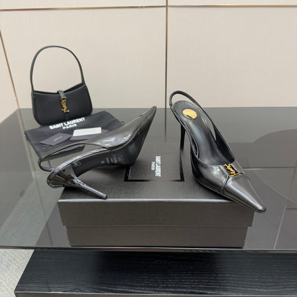 YSL 25S SLINGBACK HIGH HEELS 90 MM IN BLACK LAMBSKIN WITH GOLD HARDWARE STYLE 8