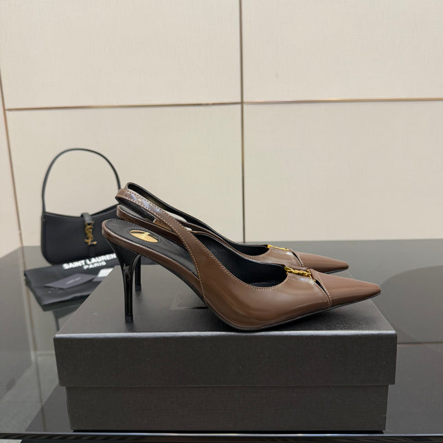 YSL 25S SLINGBACK HIGH HEELS 90 MM IN CHOCOLATE BROWN LAMBSKIN WITH GOLD HARDWARE STYLE 7