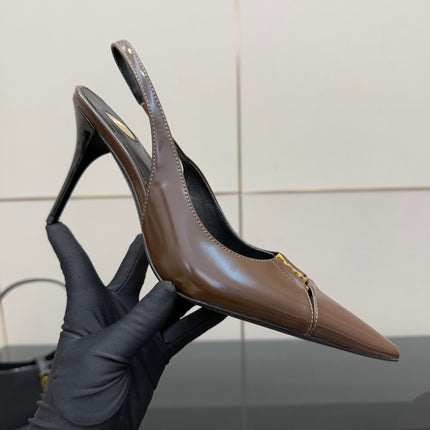 YSL 25S SLINGBACK HIGH HEELS 90 MM IN CHOCOLATE BROWN LAMBSKIN WITH GOLD HARDWARE STYLE 7