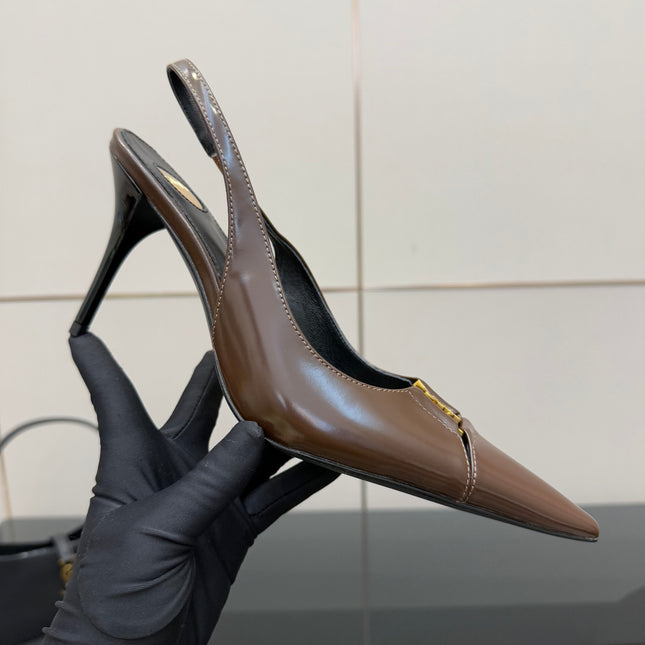 YSL 25S SLINGBACK HIGH HEELS 90 MM IN CHOCOLATE BROWN LAMBSKIN WITH GOLD HARDWARE STYLE 7