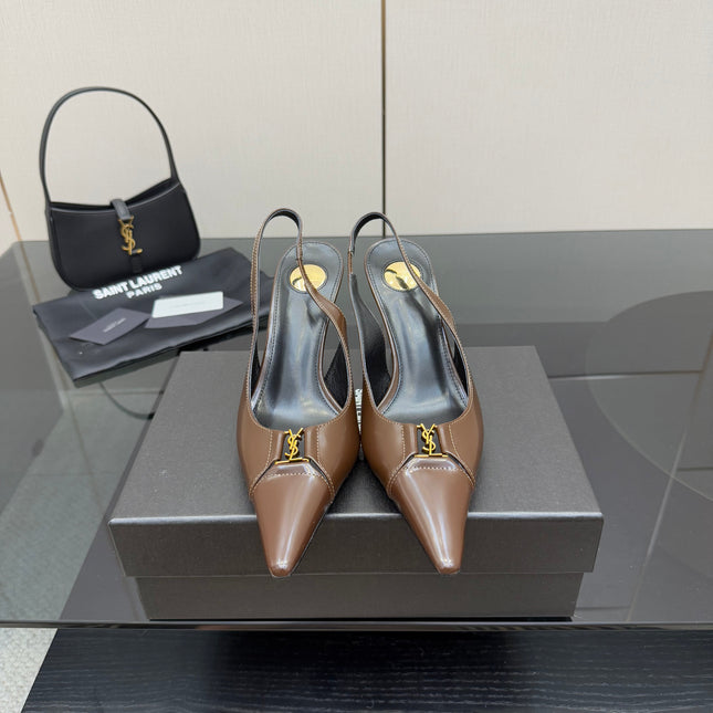 YSL 25S SLINGBACK HIGH HEELS 90 MM IN CHOCOLATE BROWN LAMBSKIN WITH GOLD HARDWARE STYLE 7