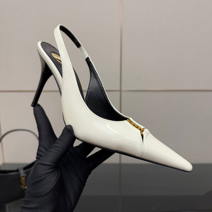 YSL 25S SLINGBACK HIGH HEELS 90 MM IN WHITE LAMBSKIN WITH GOLD HARDWARE STYLE 6