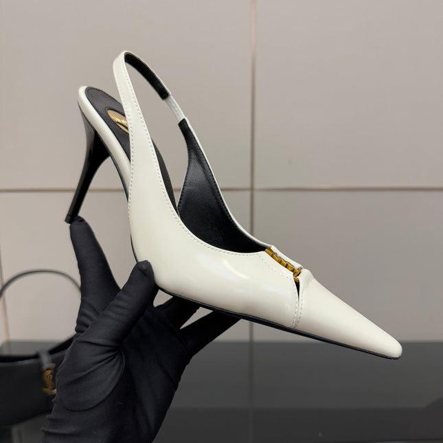 YSL 25S SLINGBACK HIGH HEELS 90 MM IN WHITE LAMBSKIN WITH GOLD HARDWARE STYLE 6