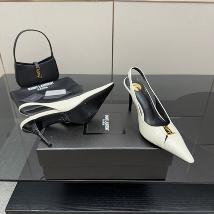 YSL 25S SLINGBACK HIGH HEELS 90 MM IN WHITE LAMBSKIN WITH GOLD HARDWARE STYLE 6