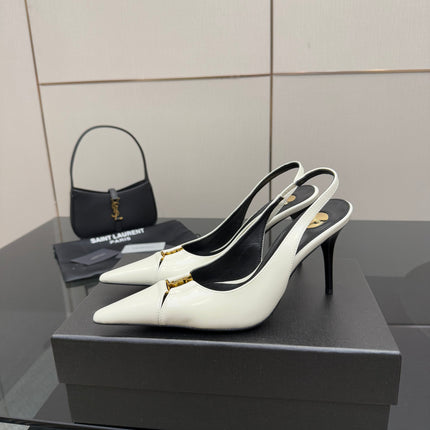 YSL 25S SLINGBACK HIGH HEELS 90 MM IN WHITE LAMBSKIN WITH GOLD HARDWARE STYLE 6