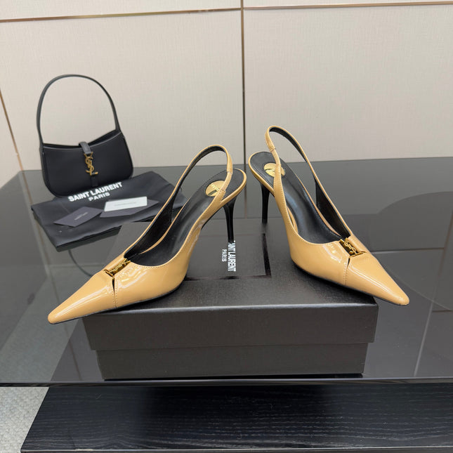 YSL 25S SLINGBACK HIGH HEELS 90 MM IN DARK BEIGE LAMBSKIN WITH GOLD HARDWARE STYLE 5