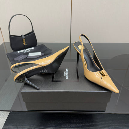 YSL 25S SLINGBACK HIGH HEELS 90 MM IN DARK BEIGE LAMBSKIN WITH GOLD HARDWARE STYLE 5
