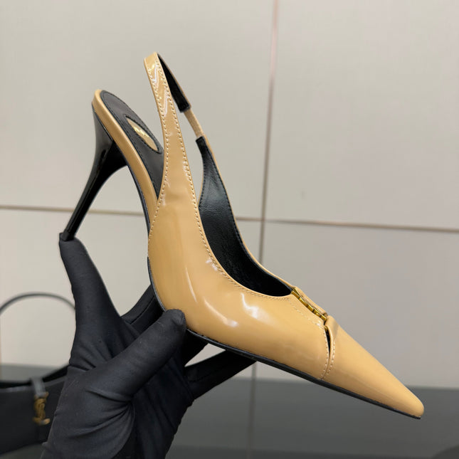 YSL 25S SLINGBACK HIGH HEELS 90 MM IN DARK BEIGE LAMBSKIN WITH GOLD HARDWARE STYLE 5