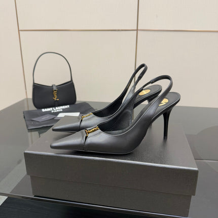 YSL 25S SLINGBACK HIGH HEELS 90 MM IN BLACK SMOOTH LAMBSKIN WITH GOLD HARDWARE STYLE 3