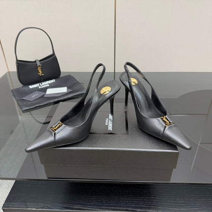 YSL 25S SLINGBACK HIGH HEELS 90 MM IN BLACK SMOOTH LAMBSKIN WITH GOLD HARDWARE STYLE 3