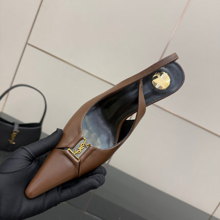 YSL 25S SLINGBACK HIGH HEELS 90 MM IN CHESTNUT BROWN LAMBSKIN WITH GOLD HARDWARE STYLE 1