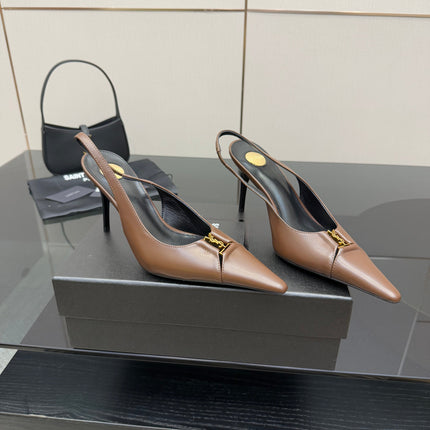 YSL 25S SLINGBACK HIGH HEELS 90 MM IN CHESTNUT BROWN LAMBSKIN WITH GOLD HARDWARE STYLE 1