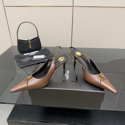 YSL 25S SLINGBACK HIGH HEELS 90 MM IN CHESTNUT BROWN LAMBSKIN WITH GOLD HARDWARE STYLE 1