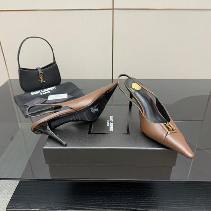 YSL 25S SLINGBACK HIGH HEELS 90 MM IN CHESTNUT BROWN LAMBSKIN WITH GOLD HARDWARE STYLE 1