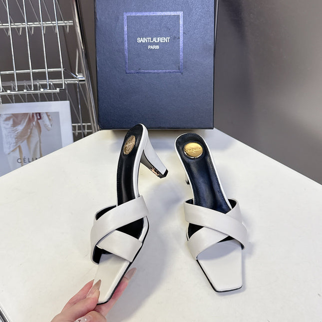 YSL 25S JILL MULES 75MM IN WHITE SMOOTH CALFSKIN