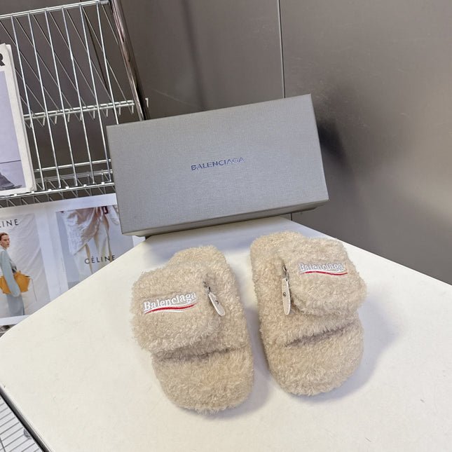 BALENCIAGA 25S SLIPPERS IN BEIGE FAUX SHEARLING