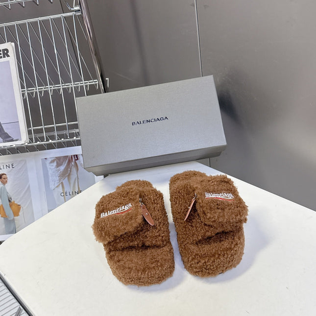 BALENCIAGA 25S SLIPPERS IN BROWN  FAUX SHEARLING