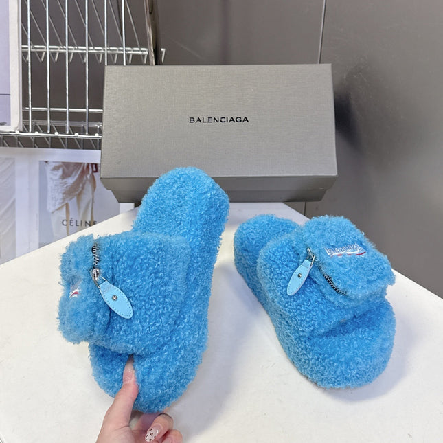 BALENCIAGA 25S SLIPPERS IN BLUE FAUX SHEARLING