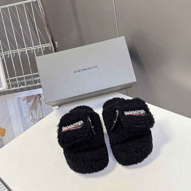 BALENCIAGA 25S SLIPPERS IN BLACK FAUX SHEARLING