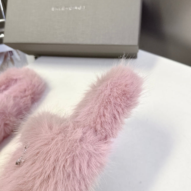 BALENCIAGA 25S SOFT FUR SLIPPERS IN LIGHT PINK FUR WITH RHINESTONE BOW