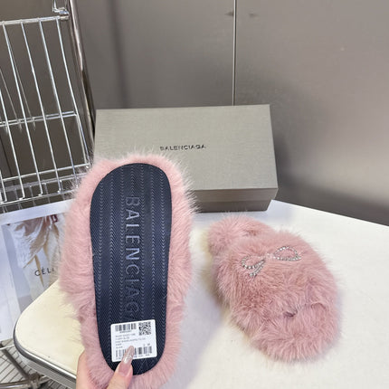BALENCIAGA 25S SOFT FUR SLIPPERS IN LIGHT PINK FUR WITH RHINESTONE BOW