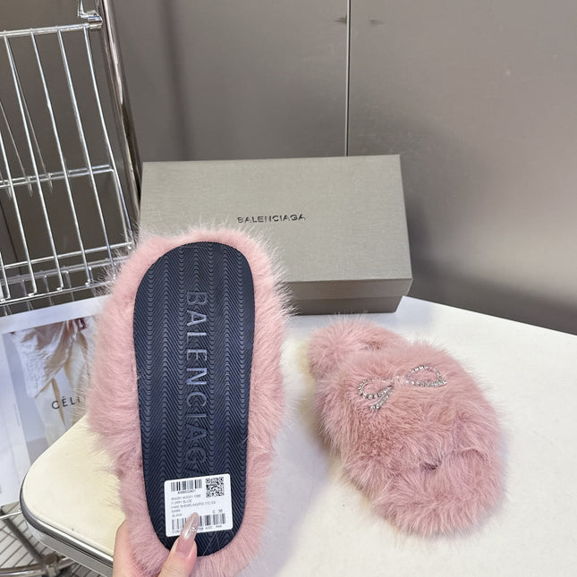 BALENCIAGA 25S SOFT FUR SLIPPERS IN LIGHT PINK FUR WITH RHINESTONE BOW