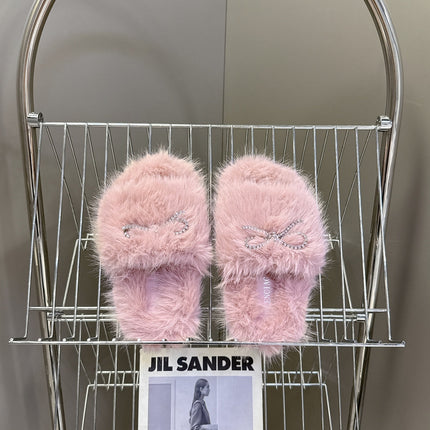 BALENCIAGA 25S SOFT FUR SLIPPERS IN LIGHT PINK FUR WITH RHINESTONE BOW