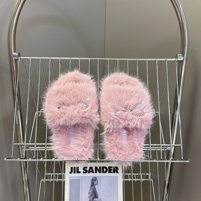 BALENCIAGA 25S SOFT FUR SLIPPERS IN LIGHT PINK FUR WITH RHINESTONE BOW