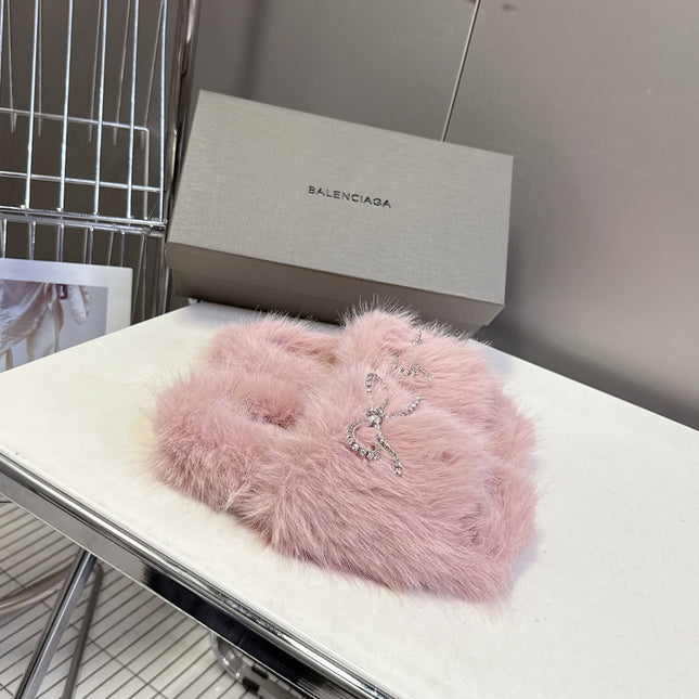 BALENCIAGA 25S SOFT FUR SLIPPERS IN LIGHT PINK FUR WITH RHINESTONE BOW