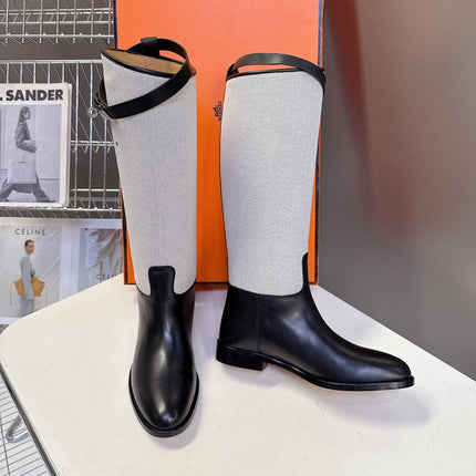 HM 25S JUMPING BOOT IN BLACK LAMBSKIN AND GREY CANVAS WITH SILVER HARDWARE