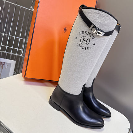 HM 25S JUMPING BOOT IN BLACK LAMBSKIN AND GREY CANVAS WITH SILVER HARDWARE