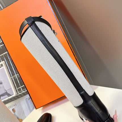 HM 25S JUMPING BOOT IN BLACK LAMBSKIN AND GREY CANVAS WITH SILVER HARDWARE