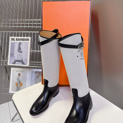 HM 25S JUMPING BOOT IN BLACK LAMBSKIN AND GREY CANVAS WITH SILVER HARDWARE