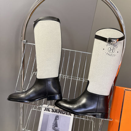 HM 25S JUMPING BOOT IN BLACK LAMBSKIN AND GREY CANVAS WITH SILVER HARDWARE