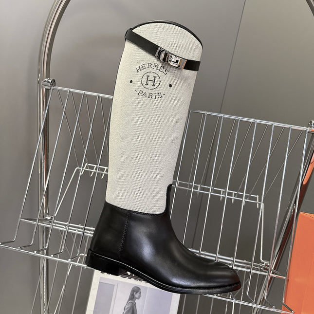 HM 25S JUMPING BOOT IN BLACK LAMBSKIN AND GREY CANVAS WITH SILVER HARDWARE