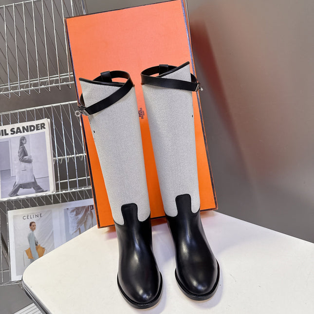 HM 25S JUMPING BOOT IN BLACK LAMBSKIN AND GREY CANVAS WITH SILVER HARDWARE