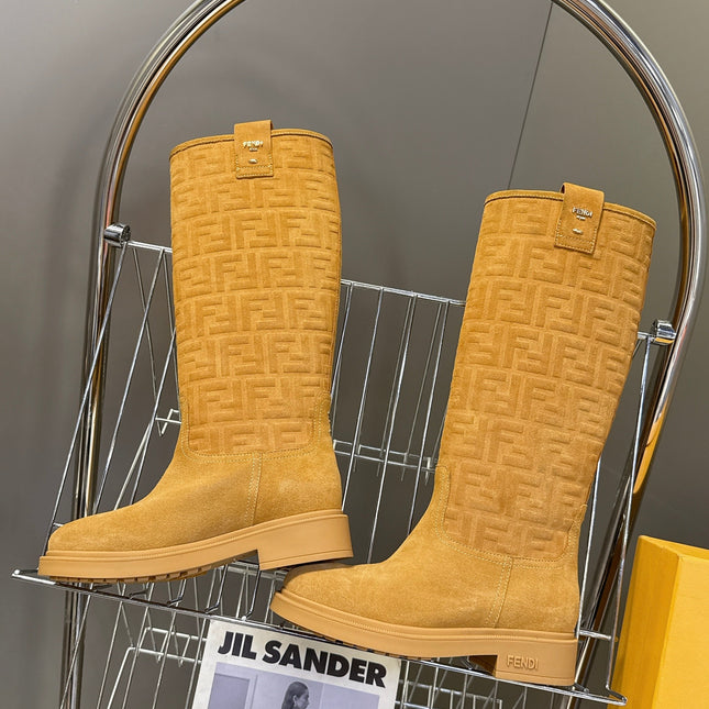 FENDI 25S HIGH-CUT BOOTS IN GOLDEN BROWN SUEDE