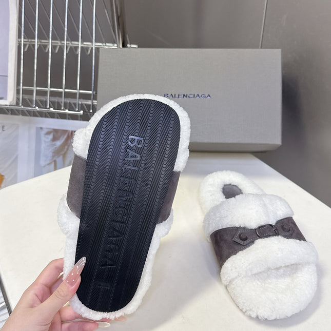BALENCIAGA 25S SLIPPERS IN MUTED PURPLE GRAY SUEDE AND WHITE WOOL