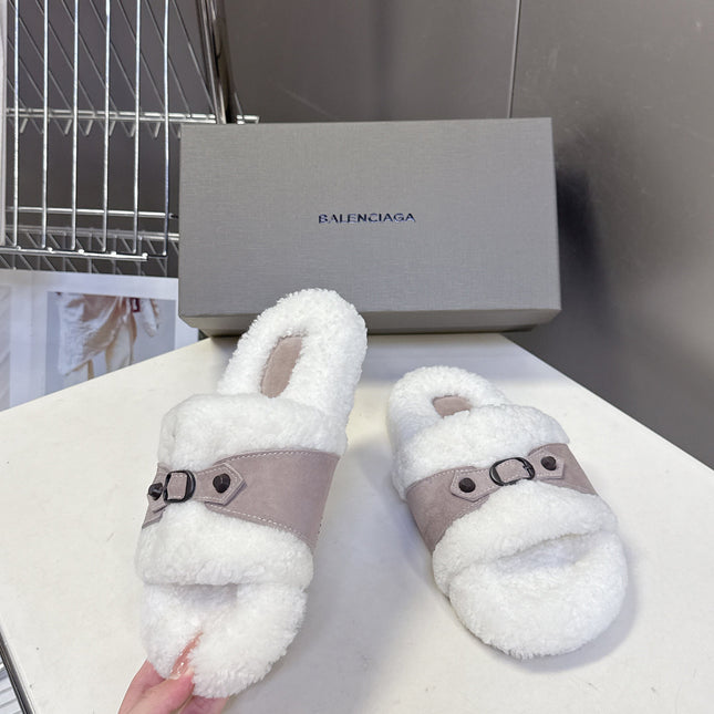 BALENCIAGA 25S SLIPPERS IN DUSTY PINK GRAY SUEDE AND WHITE WOOL