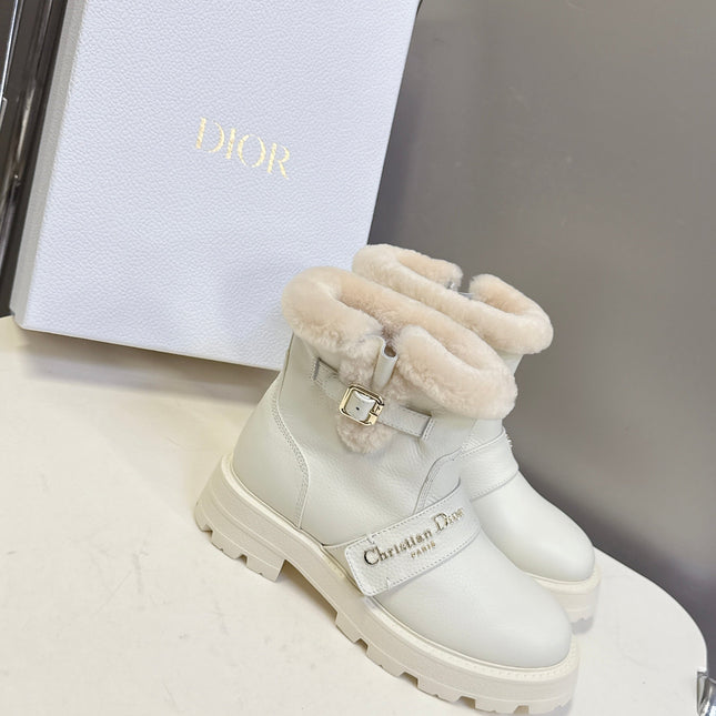 DIORALPS ANKLE BOOTS 25S IN WHITE LAMBSKIN AND BEIGE WOOL WITH GOLD HARDWARE