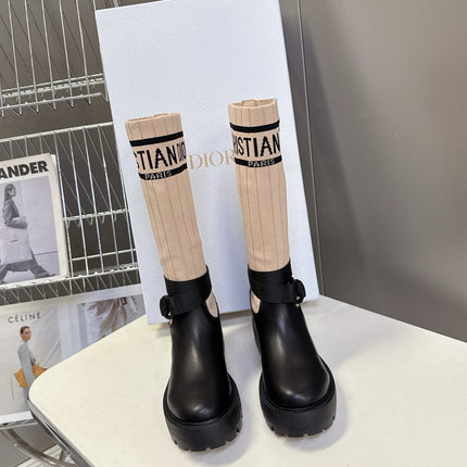 DIOR 25S D-MAJOR ANKLE BOOTS IN BLACK CALFSKIN AND LIGHT BEIGE FABRIC