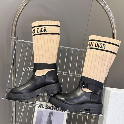 DIOR 25S D-MAJOR ANKLE BOOTS IN BLACK CALFSKIN AND LIGHT BEIGE FABRIC