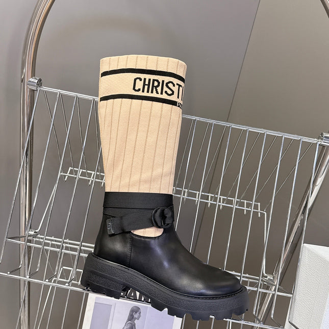 DIOR 25S D-MAJOR ANKLE BOOTS IN BLACK CALFSKIN AND LIGHT BEIGE FABRIC